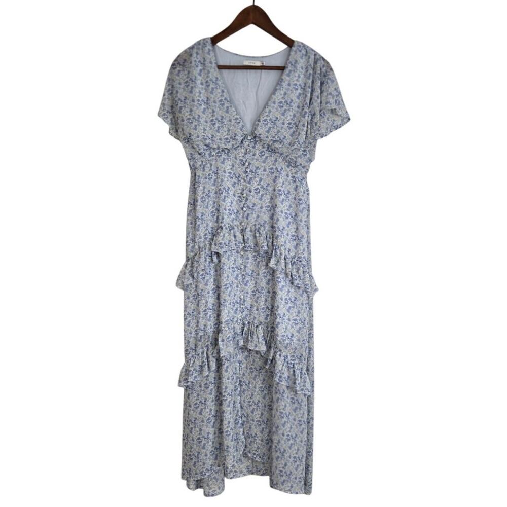 Cottagecore Light Blue Ditsy Floral Tiered Coquette Maxi Dress Flutter Sleeve M
